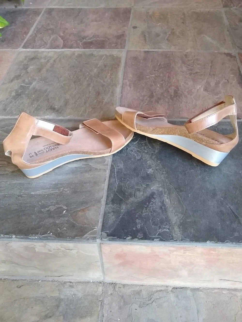 Naot Tan Leather Ankle-Strap Wedge Sandals with Cork Footbed